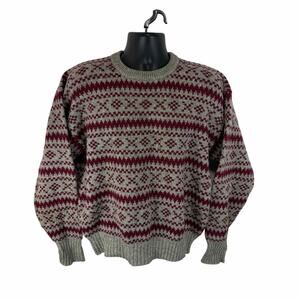 Vintage Wool Knit Sweater Nordic Fair Isle Size Large Mens Red Grey